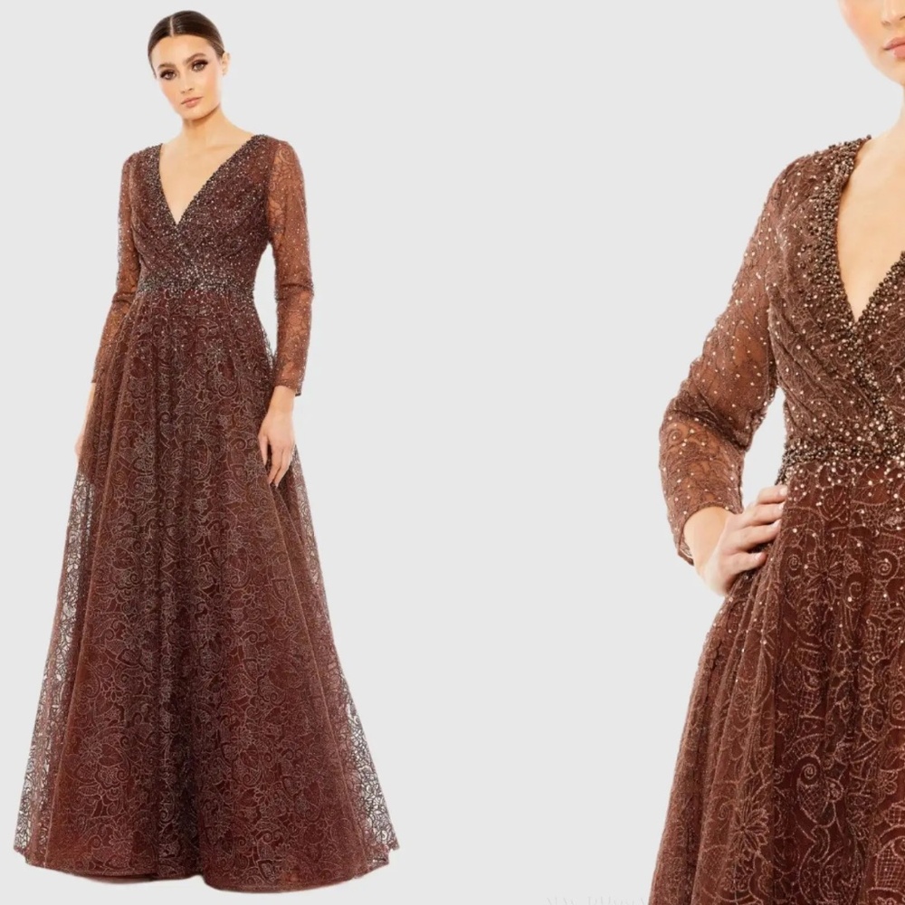 Mac Duggal 20372 Chocolate Brown A Line Ballgown Long Sleeve Illusion Beaded